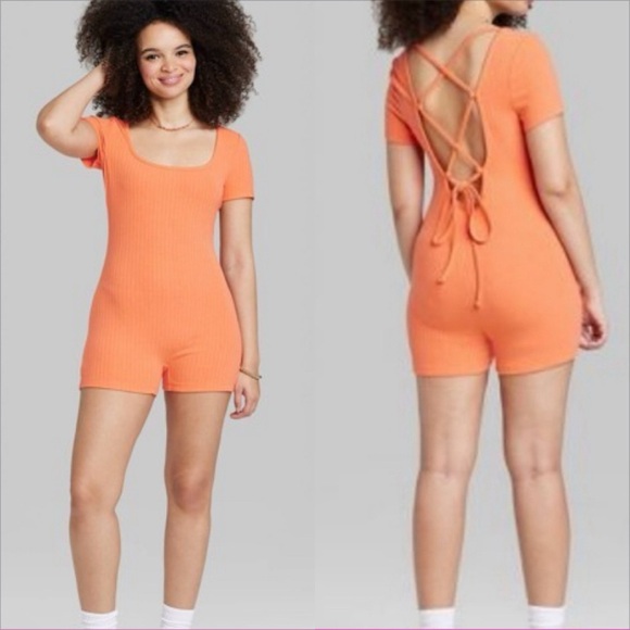 Wild Fable Women's XL Short Sleeve Lace-Up Back Fitted Romper orange NWOT - Picture 1 of 8